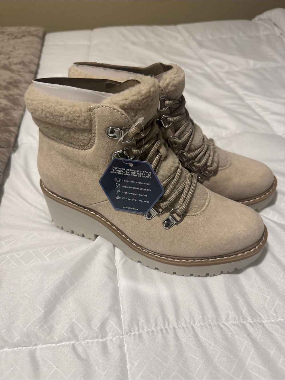 Sonoma Beige Lace-Up Shearling Collar Hiking Boots